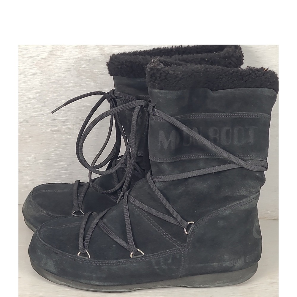 Moon Boot Tecnica Black Suede Faux Fur Lace Up Snow Boots Womens 8 EU 42